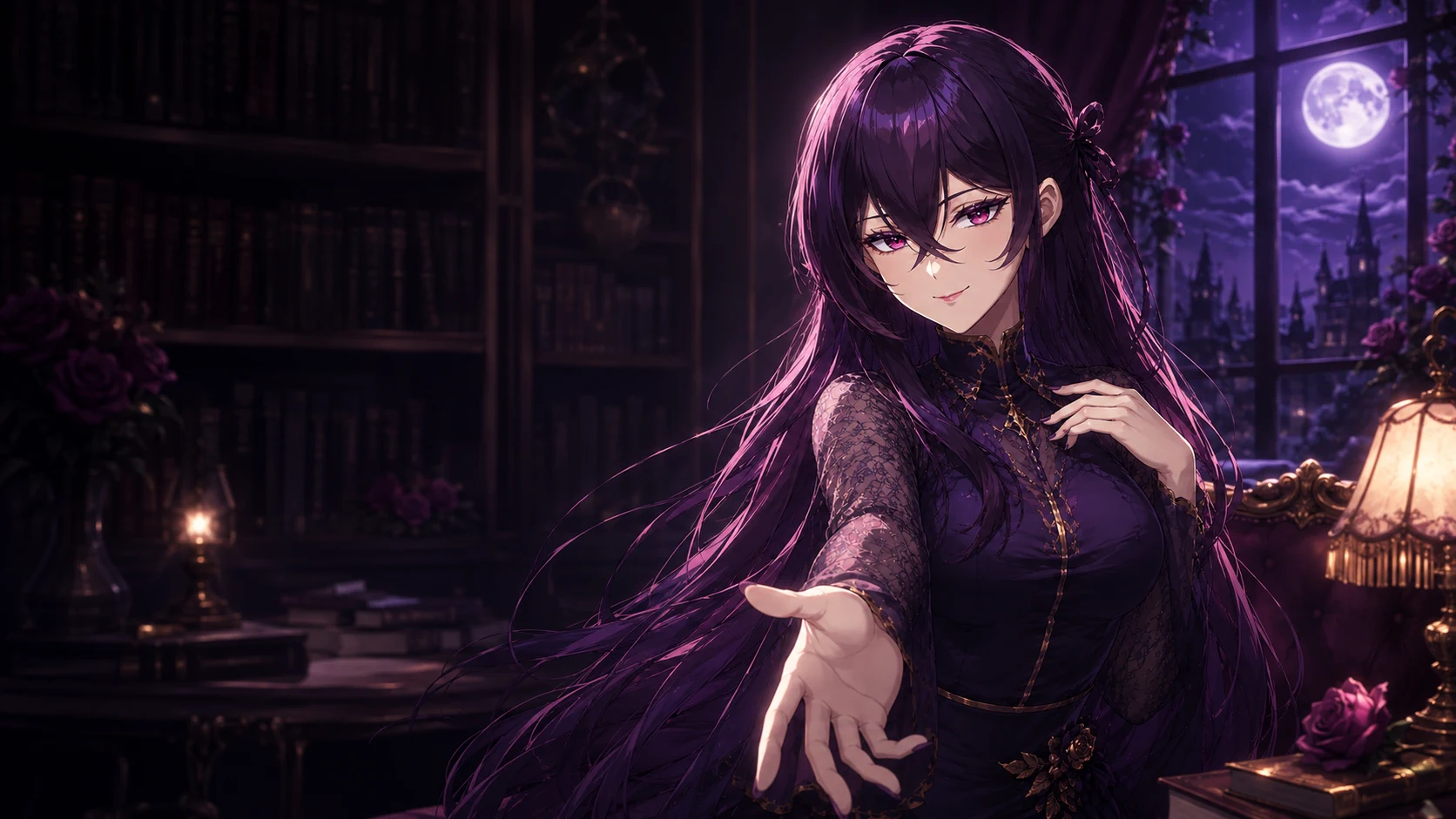 Yumeko welcomes you into her moonlit library
