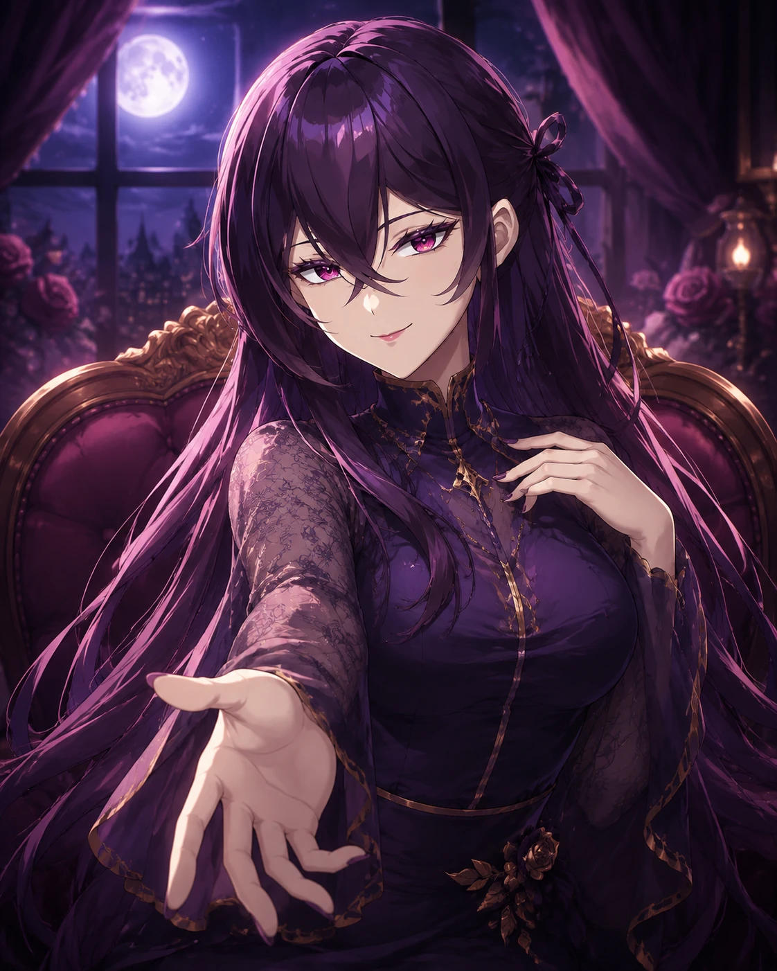 Yumeko sitting in a velvet chair beside a moonlit window